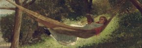 Image shows a woman reading in a hammock.